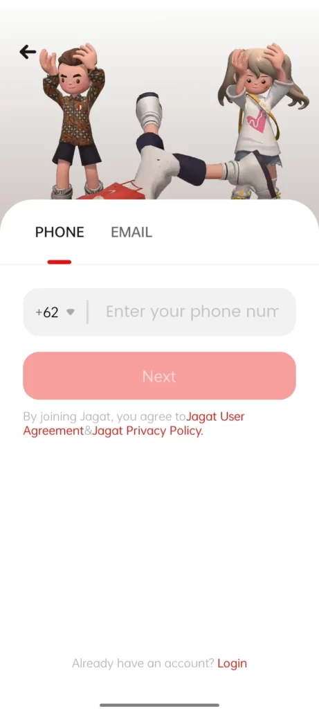 Daftar Jagat.io menggunakan nomor telepon dan email